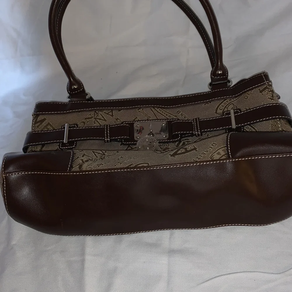 American Living Logo fabric Tan n brown trim Satchel Handbag